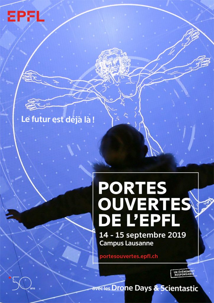 Affiche pour les portes ouvertes 2019 de l'EPFL. Un enfant à contre-jour face à un Vitruve