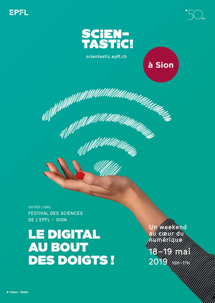 Affiche pour Scientastic 2019, à Sion. Une main tient, dans sa paume, un pictogramme wi-fi